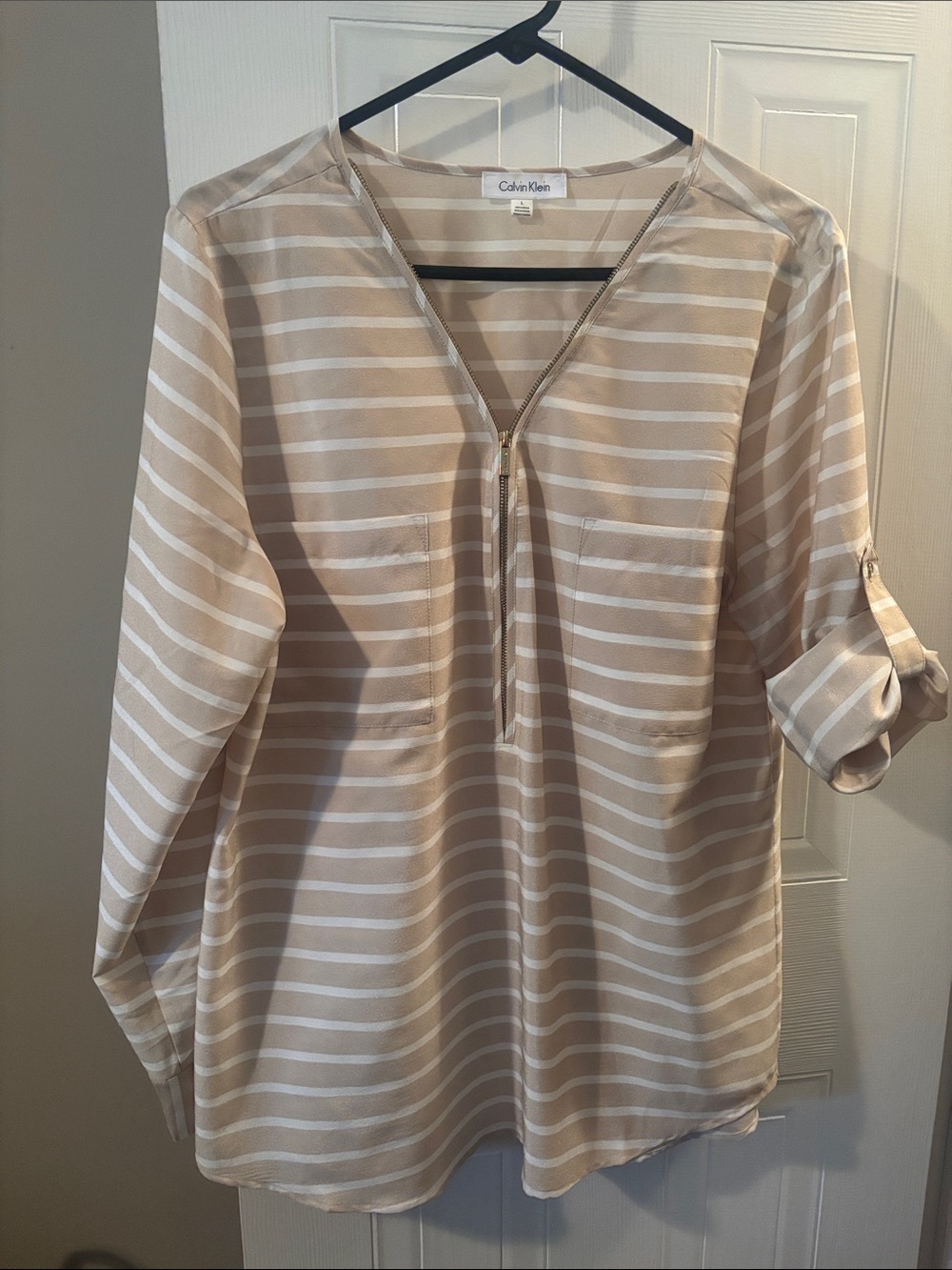 Calvin Klein Beige and White Striped Zip-Front Tunic